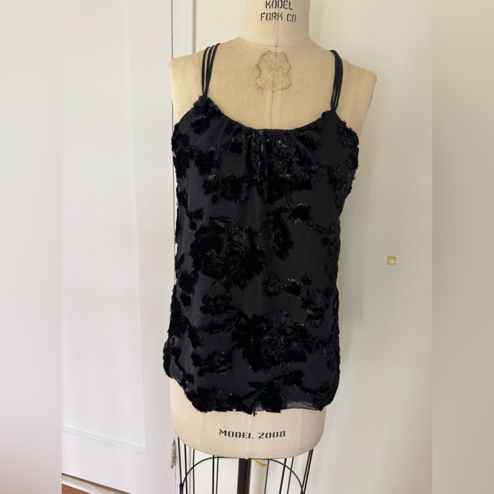 Made in USA Silk Lined Elegant Black Shiny Rose Burned Out Women's Top